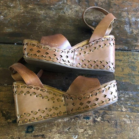 Platform chunky block heel wedge leather boho sand - Picture 2 of 12